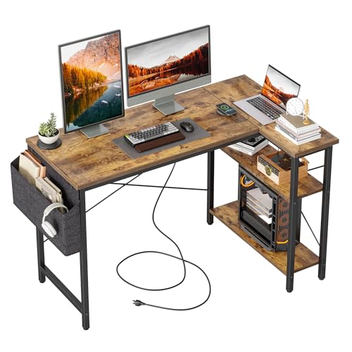 BEXEVUE Escritorio para juegos en forma de L, 120 x 70 cm, con bolsa de almacenamiento, escritorio de oficina pequeña mesa de escritura con grandes estantes de almacenamiento reversibles, estación de