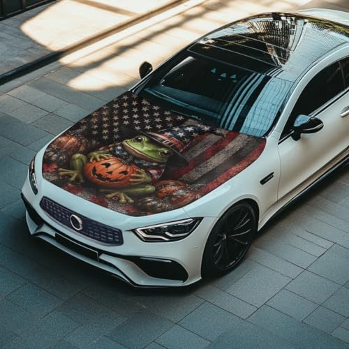 Image of Halloween Pumpkin Style Car Hood Cover Elastic Polyester Car Hood Protector Auto Patriotic Decorations Waterproof Sunproof Automotive Exterior Accessories