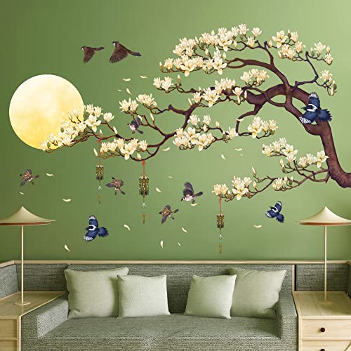 Rw-4942 3D White Magnolia Tree Branches Flying Birds Wall Stickers Peel And Stick Diy Flowers Moon Wall Decals Removable Wind Chimes Birds Wall Murals For Kids Girls Offices Home Bedroom Decaoration #TOP4