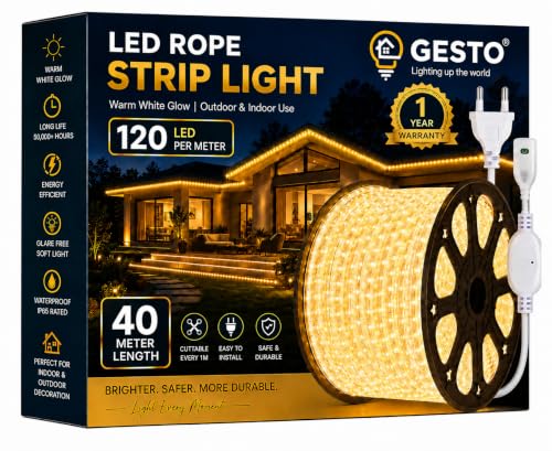 Image of Gesto 40 Meter Warm White LED Rope Strip Light | 120 LEDs /Mtr IP65 Waterproof Indoor & Outdoor Lights for Balcony, Home Decor & Cove Light for False Ceiling | Cuttable Every 1M for Diwali Decoration