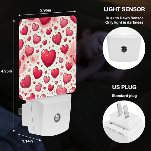 Image of LED Night Light Lamp with Smart Sensor Dusk to Dawn Sensor,Red Love Heart Cute Romantic Pink Hearts Valentine's Day Holiday Night Light Daylight White,0.5W Plug-into Wall for Adults,Bedroom