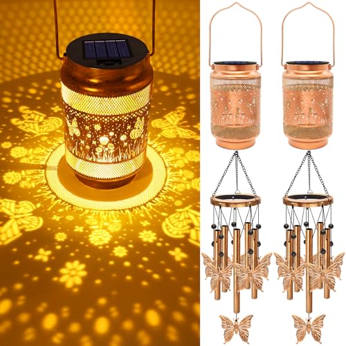 Image of 2 Pack Butterfly Solar Wind Chimes for Outside, Gifts for Mom Women Grandma Birthday Memorial Teacher, 32 inch Windchimes Outdoor Decor Hanging Solar Lantern for Garden Porch Patio Backyard