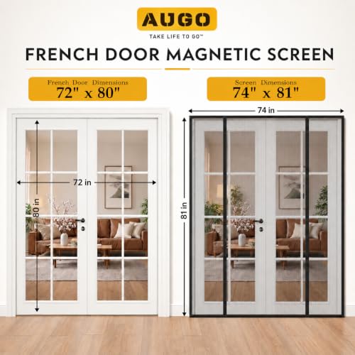 Image of AUGO French Door Magnetic Screen Door - Self Sealing, Heavy Duty, Hands Free Mesh Partition Keeps Bugs Out - Pet and Kid Friendly - Patent Pending Keep Open Feature - 74 Inch x 81 Inch