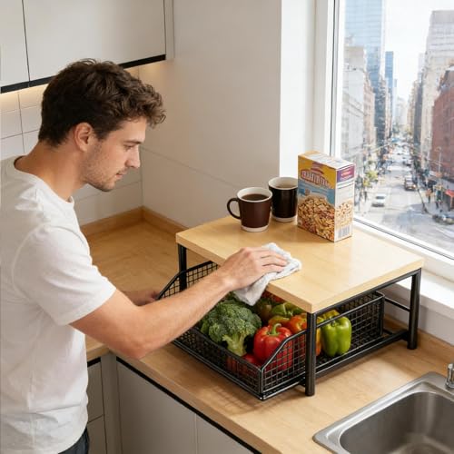 dewdat Soporte para Microondas De Cocina | Organizador Vertical De 2 Niveles - Estantes De Almacenamiento De Pie | Cuenta con Cesta Extraíble Inferior para Uso En Hogar, Apartamento, Cocina, Despensa - imagen 5