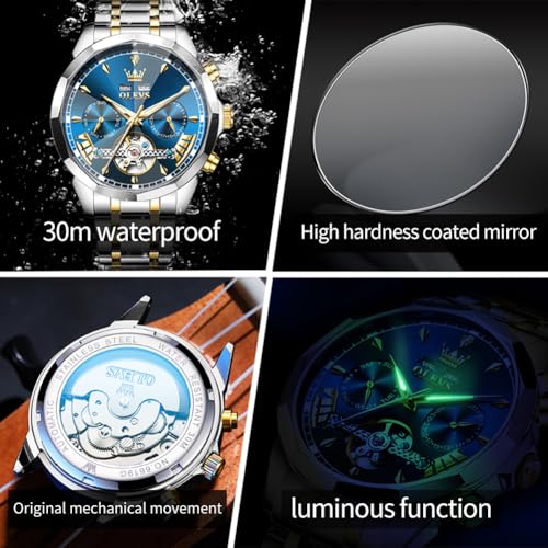 Image of OLEVS Men Automatic Watch Diamond Skeleton Mechanical Luxury Self Winding Moon Phase Calendar Waterproof Wrist Watch for Men