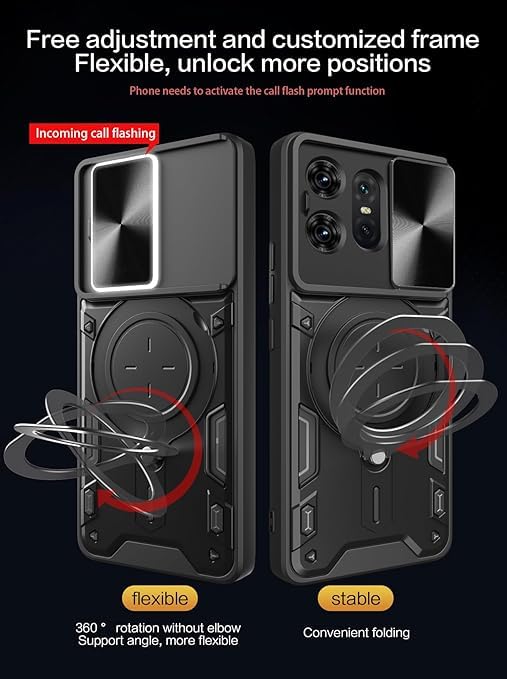 Image of Designerz hub Motorola Edge 60 Fusion 5G Back Case | Hybrid Case with 360 Degree Rotating Finger Ring Holder + Slider Shutter Camera Protection Case for Motorola Edge 60 Fusion 5G- Blue