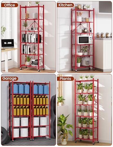 Image of ALANNG 73.6 Inch Folding Bookshelf, 6 Tier Metal Bookcase and Bookshelves | Tall Shelves for Living Room Office Bedroom, Heavy Duty Book Shelve Free Standing Open (Red, 1PACK)