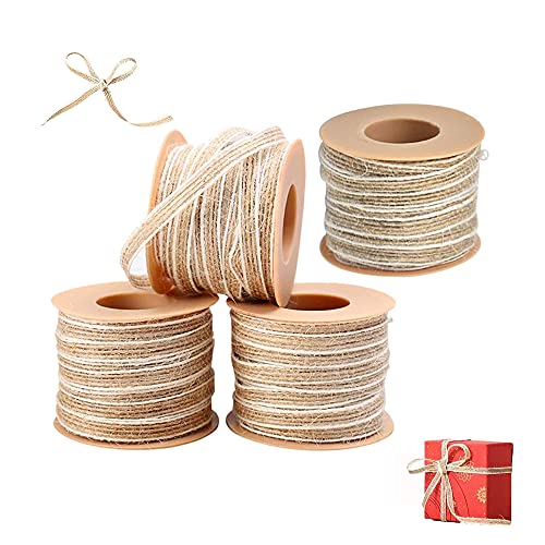 4 Pièces Ruban de Toile de Jute, Ruban de Jute 10M, Ruban de Jute avec Dentelle, Ruban de Chanvre Naturel, Ruban Artisanal, Rouleau de Ruban en Toile de Jute pour Emballage Cadeau, Mariage, Fêtes