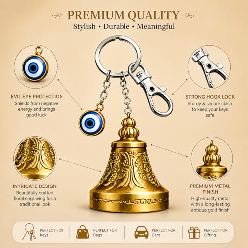 Image of Guardian Bell Keychain for Bike & Car | Tibetan Style Bell Keyring with Evil Eye Charm & ๐๐๐๐ฎ๐ซ๐ Silver Clip | Good Luck Rider Accessory Gift for Men & Women- ๐๐๐๐ค ๐จ๐ ๐