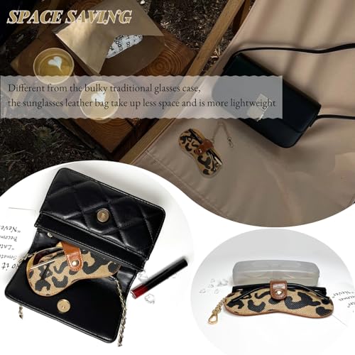 Image of Eyewear Clutch Glasses Case with Clip Soft Leather Sunglasses Bag | Leopard, Plaid, Ultra slim for purse, Portable for travel trip, Easier to access eyeglass, Magnetic button, Cleaning cloth
