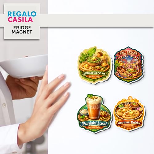 Image of Regalo Casila Amritsar India Tourism Souvenir Fridge Magnets Set of 4 Punjabi Food Sarson Da Saag Punjabi Lassi Amritsari Kulcha Hall Bazaar Refrigerator Magnets Decorative Travel Gift