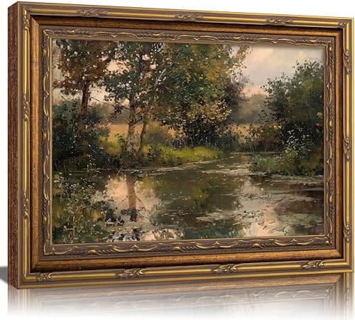 Vintage Carved Gold Frame Canvas Wall Art 3D Textured Retro Country Farmhouse Painting Picture Wall Decor Green Fores Lake Trees Relief Poster Print Artwork for Living Room Bedroom Home Decoration