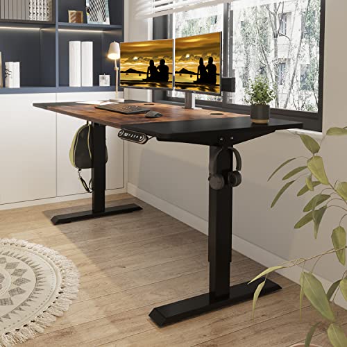 Jceet Adjustable Height Electric Standing Desk - 63 x 30 Inch Sit Stand Computer Desk with Splice Board, Stand Up Desk Table for Home Office, Black Frame/Black and Rustic Brown Top - Image 3