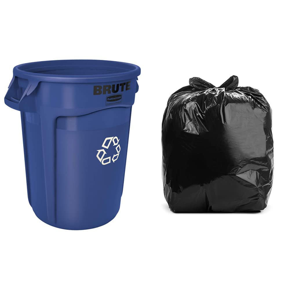 Rubbermaid Commercial Brute Round Recycling/Composting Bin (20 Gallon) and Aluf Plastics 20-30 Gallon Trash Bags (100 Count)