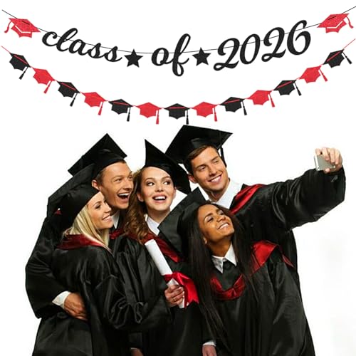 Image of Red Black Party-Decoration Graduation Banner - 14pcs Kits Cap Garland Streamers, Paper Tissue Pom Poms Flowers Fans Honeycomb,Class Of 2026 College High School Grad Decor Hugfond