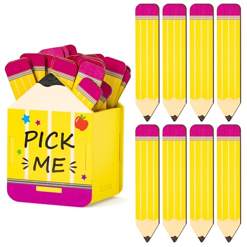 CJiangpo 51Pcs Pencil Flip Name Sticks with Wooden Pencil Shaped Holder, Talking Flip Name Sticks for Classroom Management Educational and Learning Activities Grouping Back to School Supplies