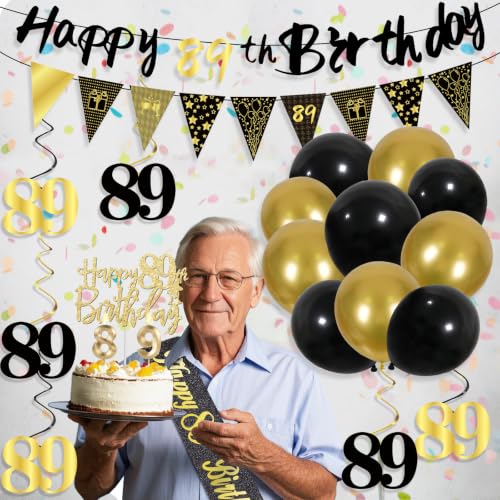 Image of 89th Birthday Decorations for Men, Black Gold 89th Party Decorations