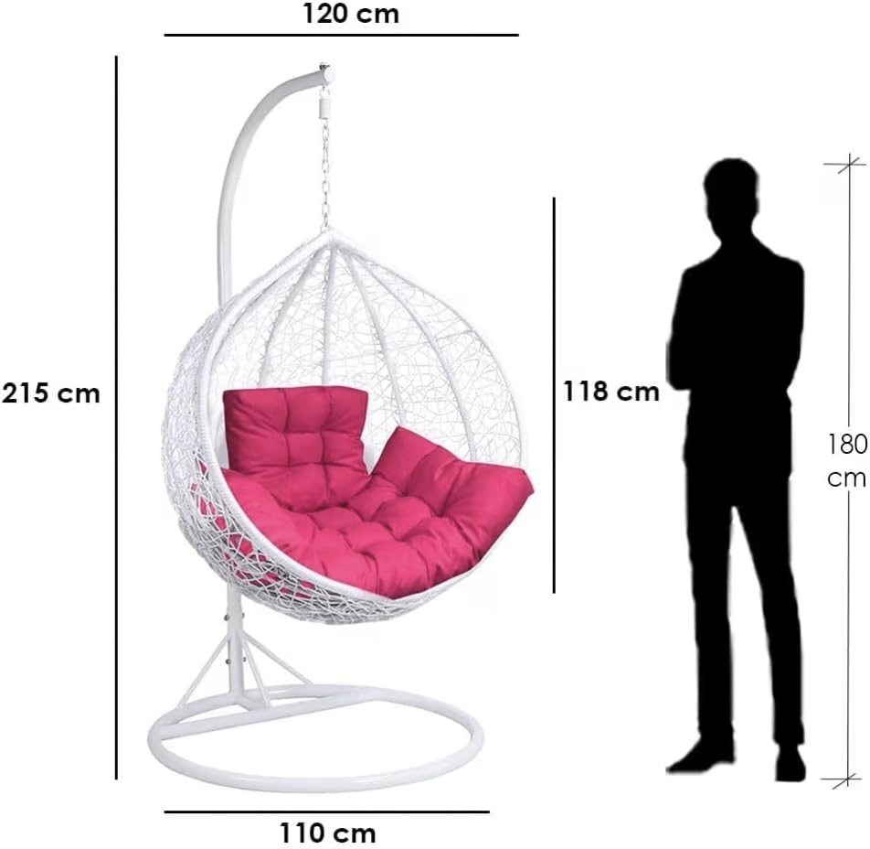 Image of Single Seater Swing Chair with Stand & Cushion Outdoor Indoor Balcony Garden Patio, Powder Coated Frame, UV-Protected Wicker, Premium Cushion, Swing Chair (White-Yellow)