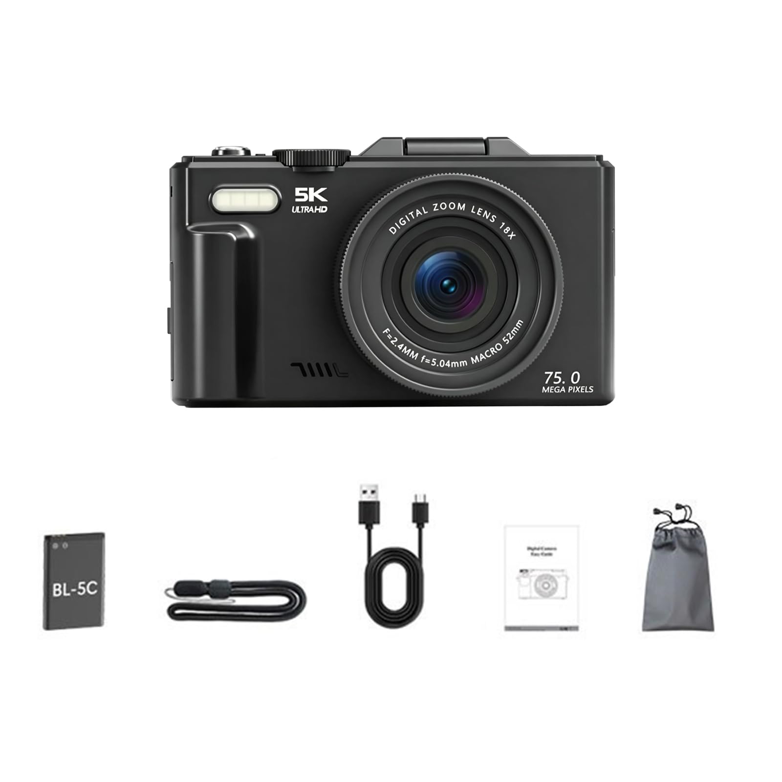 Cámara digital, 4K 64MP, flip 180°, zoom 18X, enfoque automático, negro | CMOS,3" LCD,LED,9 Modos,120fps,TF 128GB,0.4kg,11cm,USB-C,BL-5C,Weitwinkel,Makro,Vlog,Reise,Principiante,Schwarz