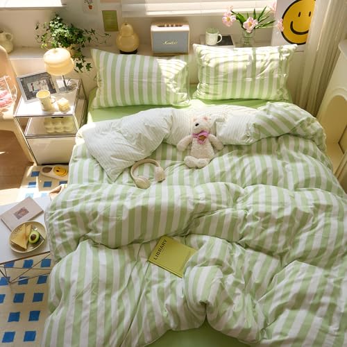 Image of Green Striped Comforter Set Twin XL, 3 Piece Aesthetic Stripes Pattern Printed Comforter with 2 Pilliwcases, Soft Breathable Farmhouse Striped Bedding Comforter Lightweight Twin XL Comforter Set