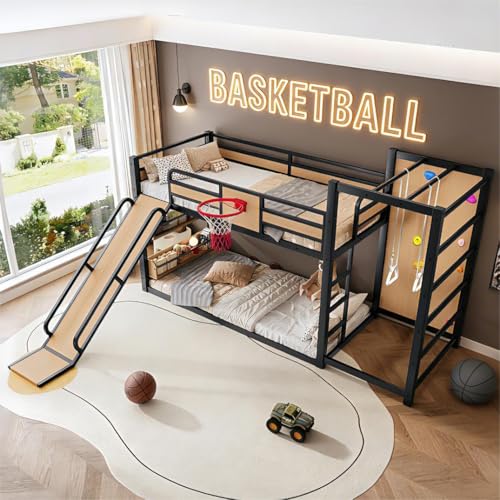 Image of Bellemave Bunk Bed Twin Over Twin with Slide, Basketball Hoop & Climbing Wall, Heavy Duty Metal Twin Bunk Beds for Kids with Guardrails, Low Bunk Bed for Bedrooms, No Box Spring Needed, Yellow