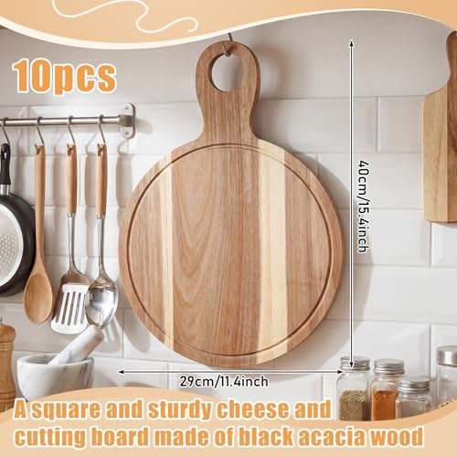 Image of 10 Pcs Acacia Wood Cutting Board with Handle Bulk 15.8 x 11.4'' Round Charcuterie Chopping Board for Pizza Cheese Meat Decorative Natural Wooden Serving Tray for Kitchen and Dining Room