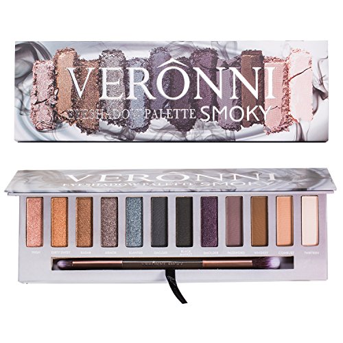 VERONNI 12 Colors Highly Pigmented Pro Matte Pressed Colorful Eyeshadow Palette - Natural Professional Vegan Nudes Warm Natural Bronze Neutral Smokey Eye Shadows Makeup With Blending Brush (Smoky)