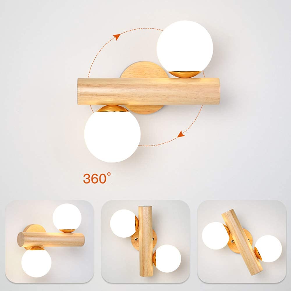 Lampade da parete in legno E27 Lampada da parete per interni moderna semplice 360 gradi rotazione fai-da-te regolabile con lampada da comodino con paralume in vetro globo per camera da letto
