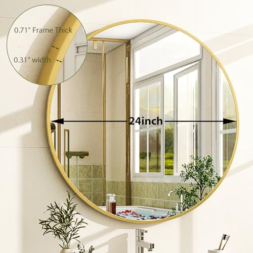Image of EASLY 24 Inch Round Mirror, Gold Metal Frame Wall Mirror for Bathroom