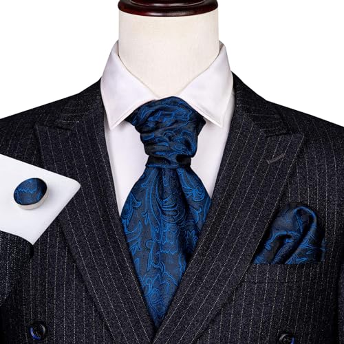 Image of Barry.Wang Ascot Ties Cravat Tie Men Paisley Plaid Scarf Self Tie Pocket Square Cufflinks Set Wedding Party