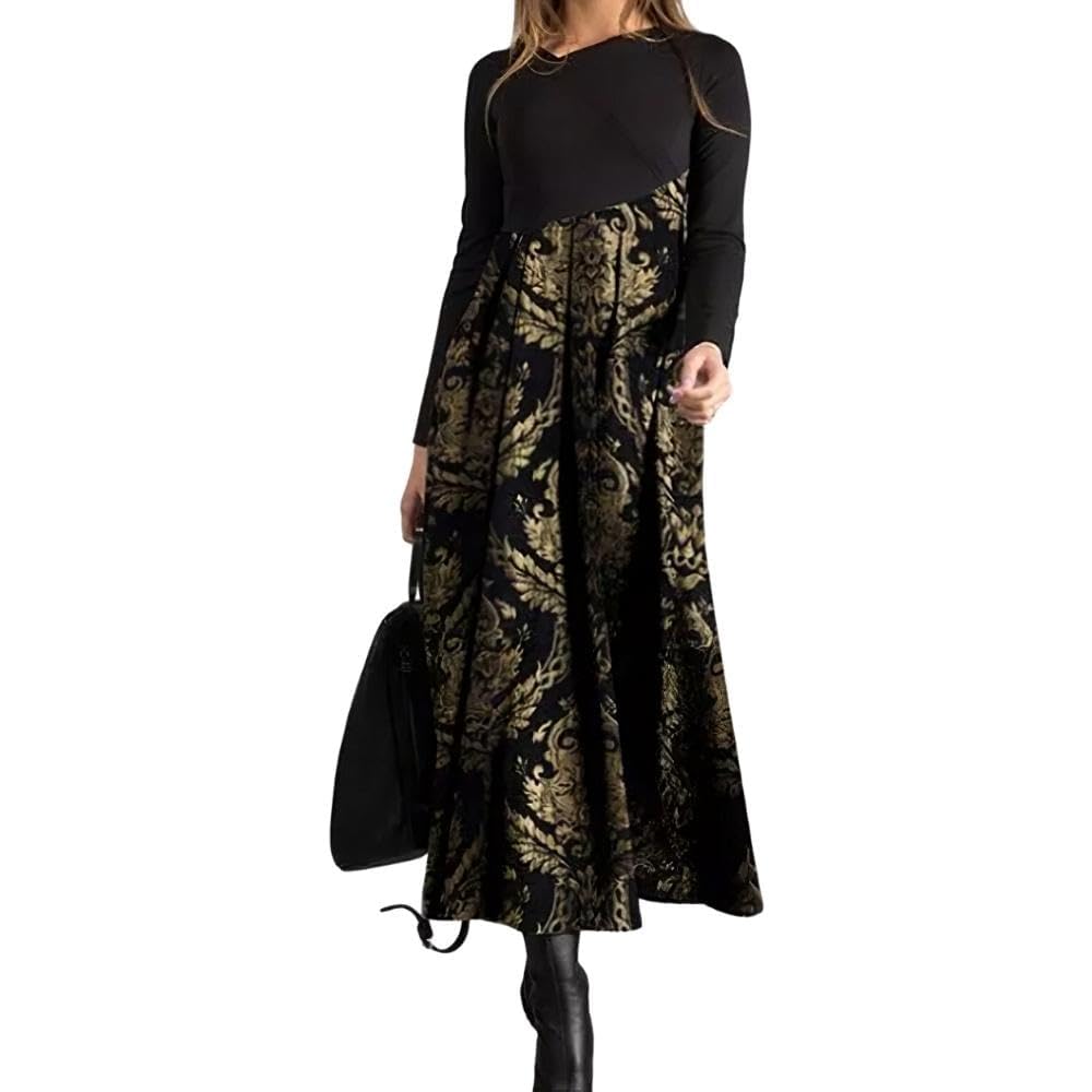Women Vintage Ethnic Floral Printed Long Sleeve V Neck Dress Fall Winter Elegant Slim Fited High Waist A-Line Maxi Dresses