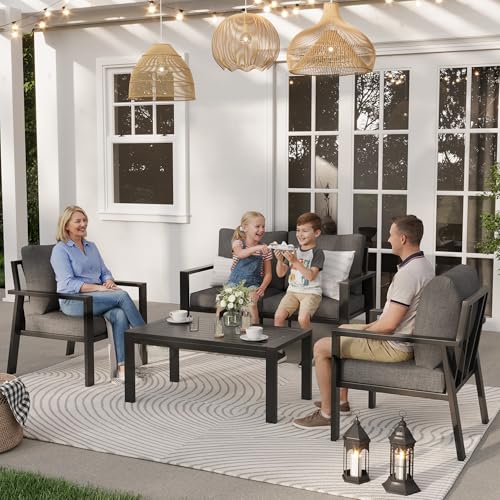 Image of Aluminum Outdoor Patio Furniture Sets All-Weather Patio Conversation Set Sectional Sofa with Coffee Table & Cushions w /Removable Covers for for Deck Backyard Garden Poolside Balcony Porch