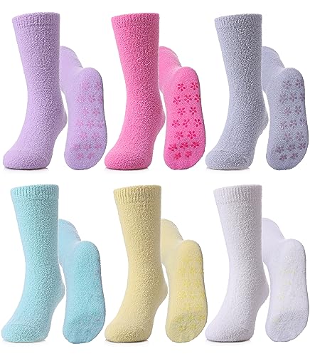 MQELONG Kids Non Slip Fuzzy Socks Girls with Grips Slipper Socks Cozy Fluffy Winter Warm Crew Gift Socks 6 Pack (6 Pairs Mix Color 1-3T)