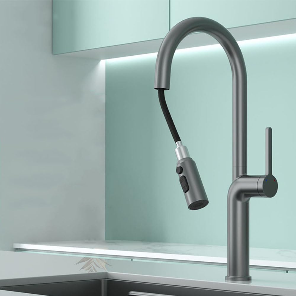 BHFPFZA Pull Out Spray Kitchen Tap 3 Mode Swivel Mixer Faucet Hot & Cold Water Brass Sink Tap Grey h Modern Kitchen tial