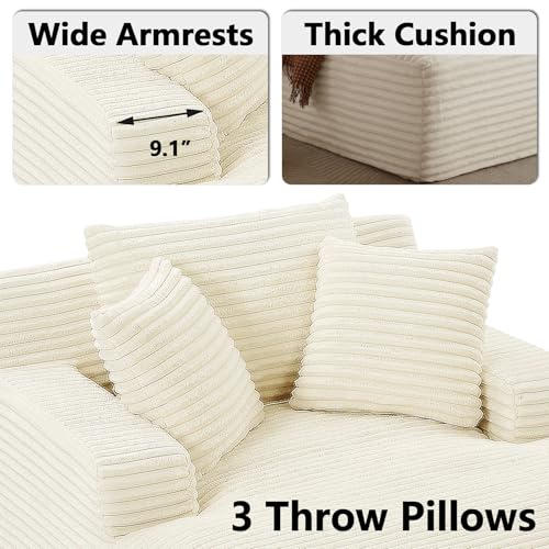 HRVEOCEI 49\" Chaise Lounge Indoor, Oversized Chaise Lounge Chair with 3 Comfy Pillows for Living Room Bedroom, Wide Arms Corduroy Fabric High-Density Foam No Assembly Required (White)