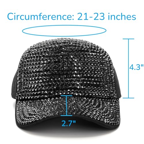 Image of Peohud Set of 2 Rhinestone Baseball Caps, Adjustable Snapback Baseball Hat for Women Men, Breathable Sparkle Bling Sun Hat for Sport, Party, Outdoor Activities Black