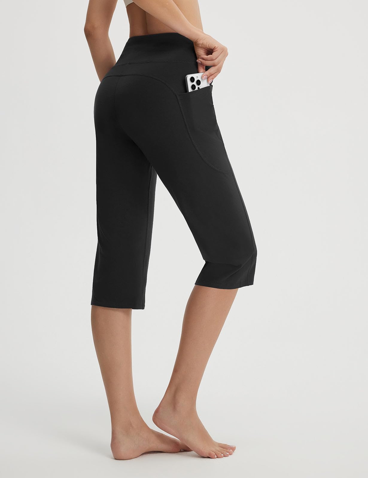 baleaf 46CM Femmes Yoga Coton Capri, Taille Haute Droite Cropped Pilates Corsa Pantacourt avec Poches Cordon de Tirage Courbe
