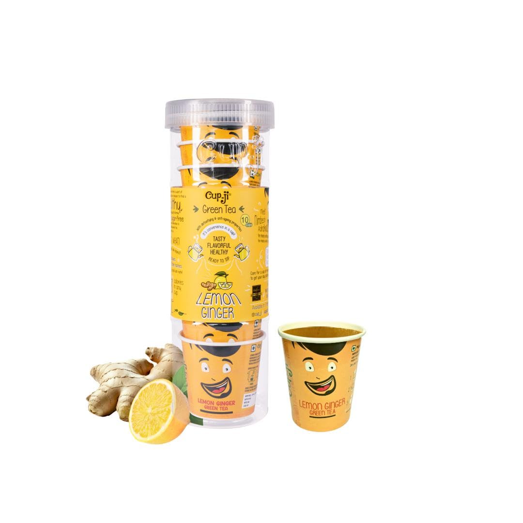 Cup-Ji Lemon Ginger Green Tea | Rich in Vitamin C, Boosts Metabolism with Ginger & Mint | Non-Bitter, Tasty Whole Leaf Green Tea | Support Hair & Skin |10 Cups with Each Cup Size 210 ml