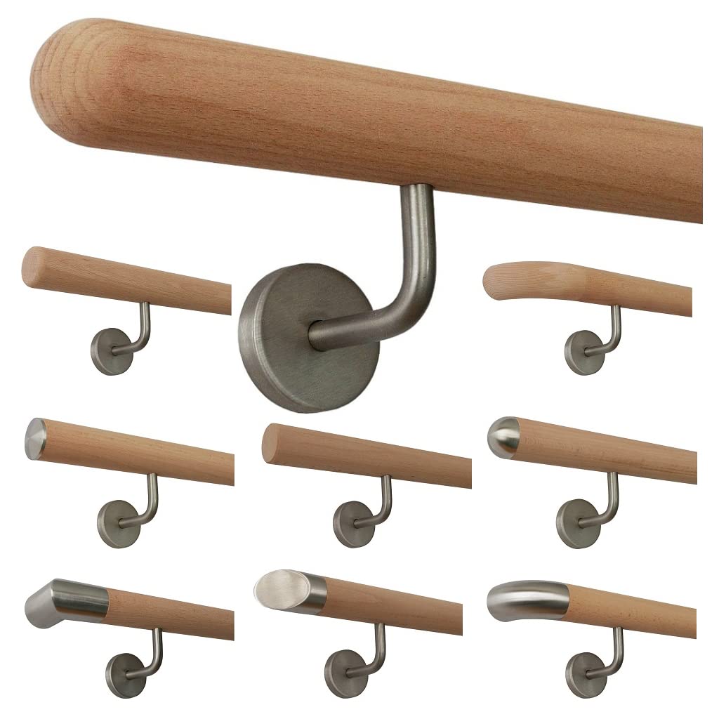 TIBU Holz Handlauf Buche unbehandelt Geländer Wandhandlauf Wand Treppe 30-500cm, Länge 200 mit 3 Halter Halbkugel gefräst