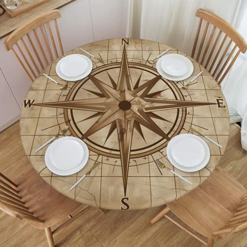Edafol Retro Sea Ocean Compass Round Fitted Tablecloth with Elastic 45-50 in Polyester Table Cloth Waterproof Table Cover Protector for Home Kitchen Dining Patio Table