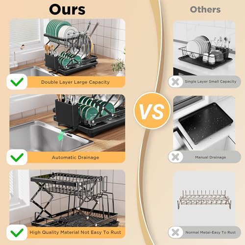 Image of 2 Tier Dish Drying Rack, Expandable Dish Racks for Kitchen Counter, Space Saving Collapsible Dish Drying Rack, Multi Function Dish Rack, with Drainage Board, Utensil Rack, Cup Rack and Pot Racks