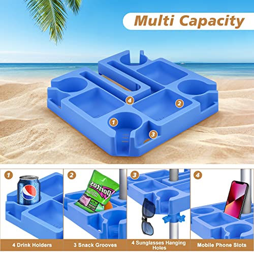 Keeswin 13 Inch Beach Umbrella Table Tray With Cup Holders, Snack Compartments, Sunglasses Holes, Phone Slots, Upgraded Easy Installation Umbrella Tray For Beach, Patio, Garden, Swimming Pool, Blue #TOP3