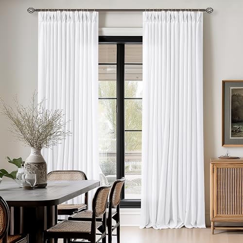 Image of Snow White Pinch Pleated Semi Sheer Linen Curtain 102 Inch Extra Long Drape