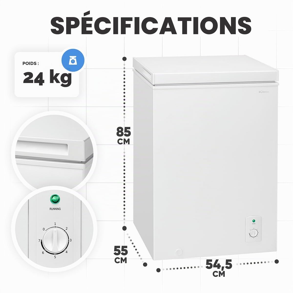 Bomann, Congélateur Coffre 100L Blanc GT7355-4 Étoiles, Température ≤ -18°C, Capacité de Congélation 4,5 kg/24h, Lampe de Contrôle, Réglage Température, Amovible, Roulettes, Idéal pour Famille