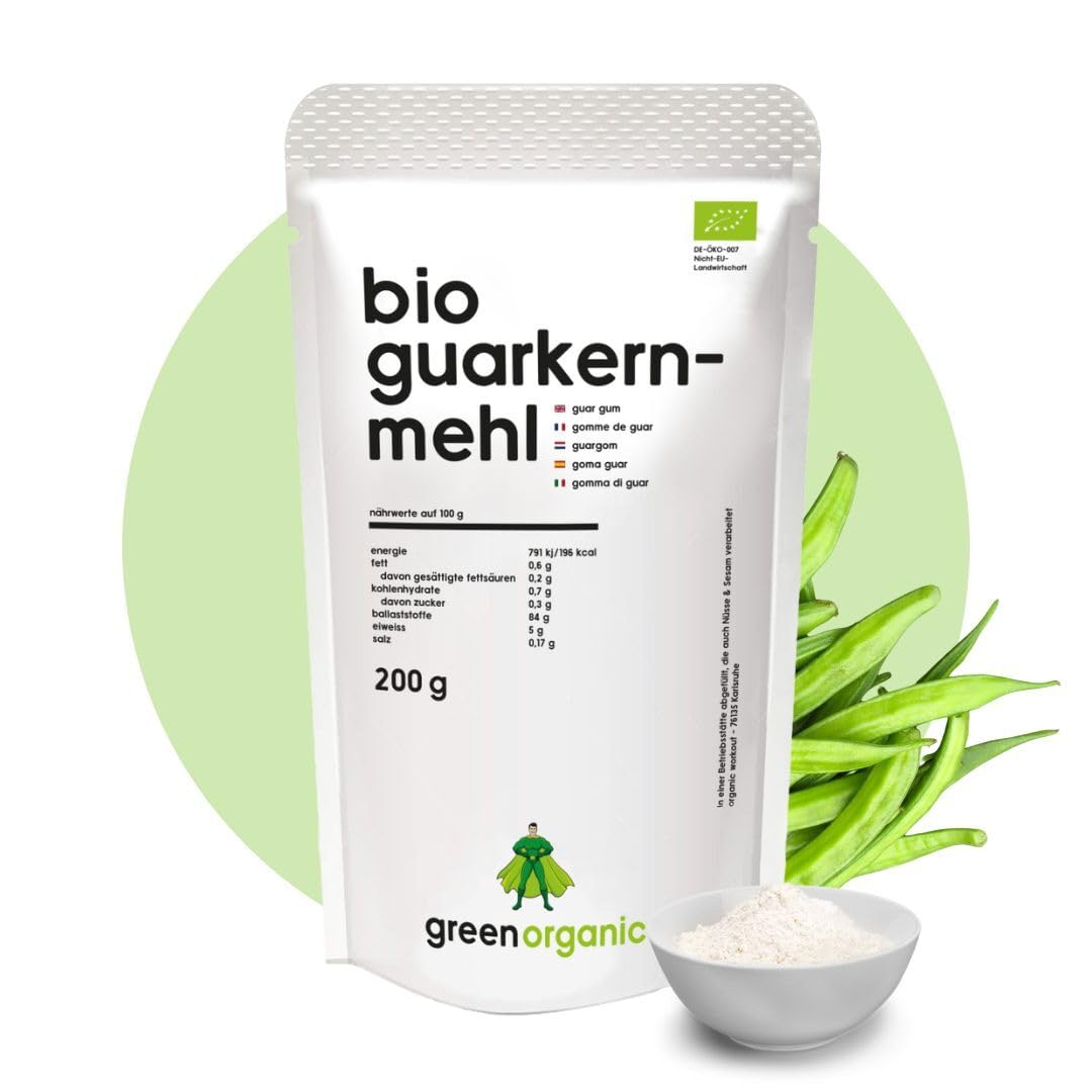 Guarkernmehl BIO 200g | Guar Gum Bio Guarkern Mehl aus kontrolliertem Anbau E412 Glutenfrei Bindemittel Verdickungsmittel (200 g, Guarkermehl)