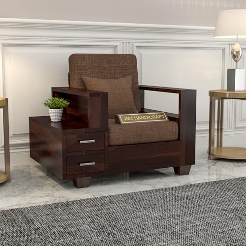 Image of Solid Sheesham Wood Single Seater Sofa with Drawer Storage - Elegant Wooden Sofa | Single Person Sofa Set for Your Living Room (Design 3)