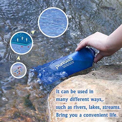 Purewell Soft TPU Collapsible Water Filter Container BPA Free Outdoor Filtered Water Bag for Sport Camping and Hiking (Blue)