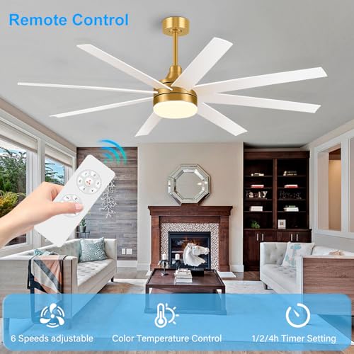 65 Inch Ceiling Fan with Lights and Remote, 8 ABS Blades, Quiet Reversible DC Motor, 6-Speed, Timer Function, 3 Color Led Light Chandelier, Industrial Ceiling Fans for Bedroom Office (Gold & White) by Breezary - Image 3