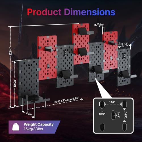 Image of PEGZONE Controller and Headphone Holder Wall Mount, Modular Gaming Pegboard with Accessories, Controller Stand for Xbox PS5 PS4 Switch, Video Game Storage, Disc Shelf, 7pcs Pegboard, Black & Red