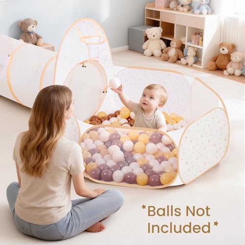 PIIKAGO 3 in 1 Kids Play Tent with Tunnel, Toddler Tent Indoor with Pop Up Ball Pits, Kids Playhouse with Ball Toss Game, for Boys and Girls, Rainbow (Balls Not Included) - Thumbnail 5